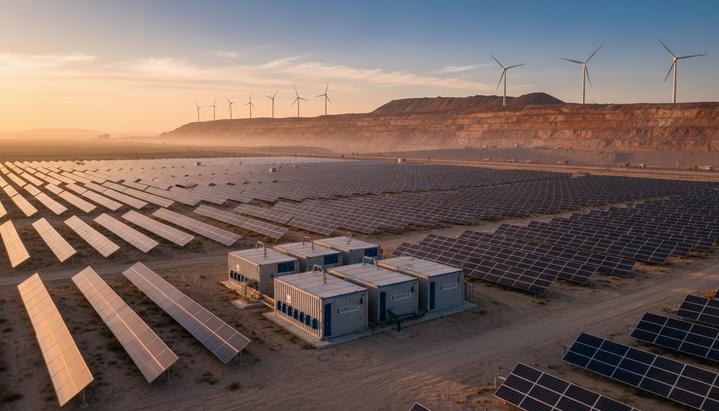 Горнодобывающие компании внедряют микросети для декарбонизации Солнечные панели и контейнеры аккумуляторной системы хранения энергии на фоне ветряных турбин в отдаленной горнодобывающей местности.