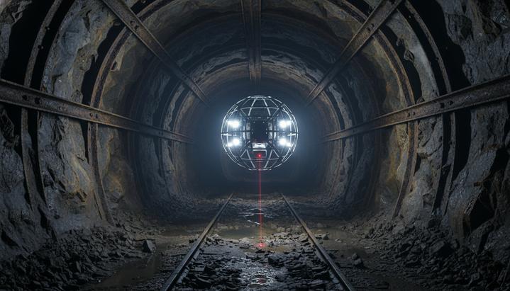 Компактный дрон в защитном каркасе с включенными фонарями летит внутри темного и узкого туннеля подземной шахты.