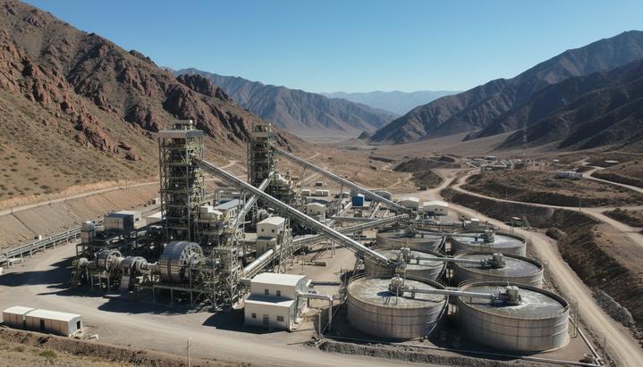 Deccan Gold Mines начала предпусковые работы на руднике в Кыргызстане Современный золотодобывающий комплекс с промышленным оборудованием и конвейерами на фоне горного пейзажа Кыргызстана.