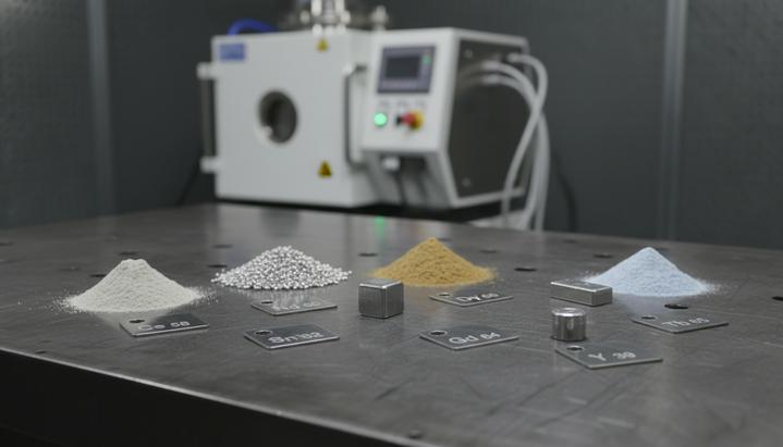 Порошки и небольшие слитки редкоземельных металлов разных цветов и текстур на темном промышленном столе на фоне металлургического оборудования.