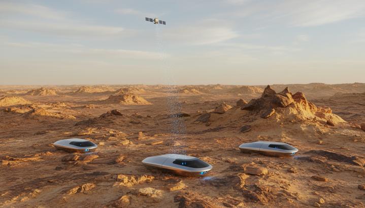 Космические технологии в разведке минералов представят на конгрессе в Перу Футуристичные наземные датчики для геологоразведки в каменистой пустыне на фоне гор, над которыми летит спутник.