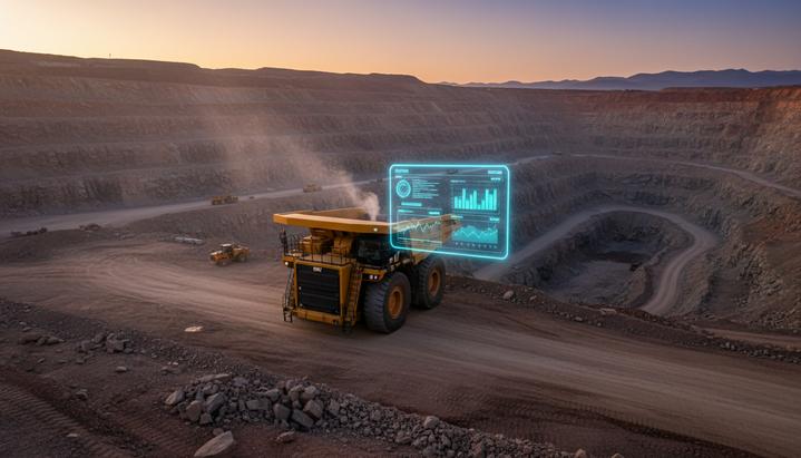 Огромный желтый карьерный экскаватор Caterpillar на рассвете в карьере с голографическим интерфейсом данных у кабины.