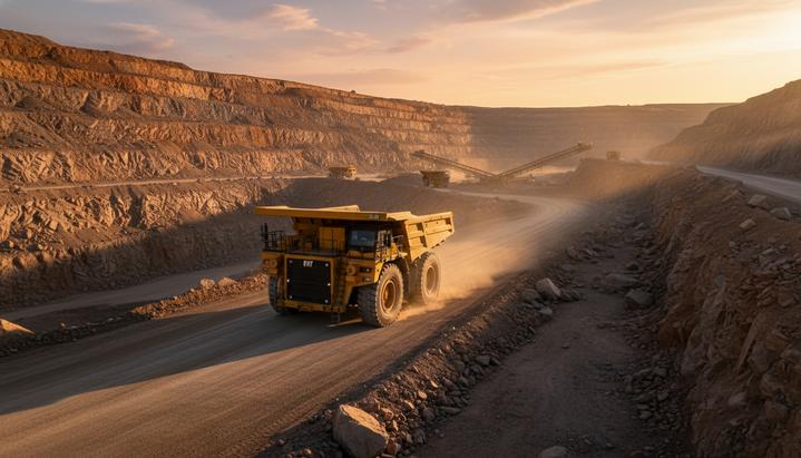 Большой желтый карьерный самосвал Caterpillar без водителя едет по грунтовой дороге в открытом карьере на фоне террасных стен.