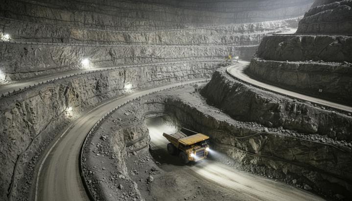 Большой автономный карьерный самосвал едет по спиральному съезду внутри многоуровневой подземной шахты, освещая фарами каменный тоннель.