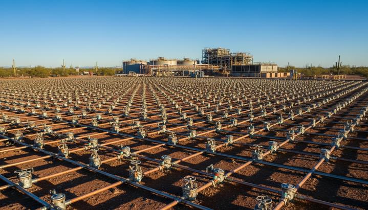 Taseko Mines готовится к запуску производства на проекте Florence Copper Промышленный комплекс для добычи меди методом скважинного выщелачивания в пустыне: трубопроводы, скважины и цех SX/EW.