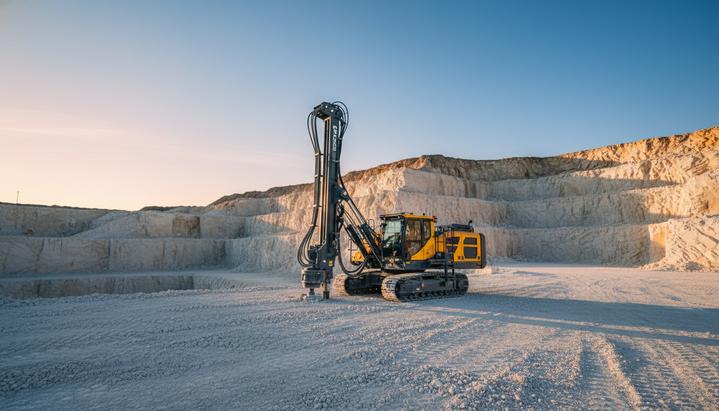 Буровая установка Epiroc на фоне террасных стен современного известнякового карьера в лучах утреннего солнца.