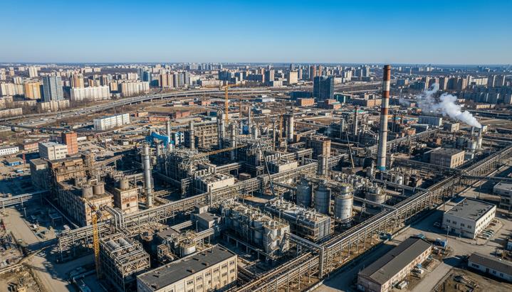 Промышленный комплекс никель-кобальтового завода с трубами и резервуарами на фоне городского пейзажа Сан-Паулу.