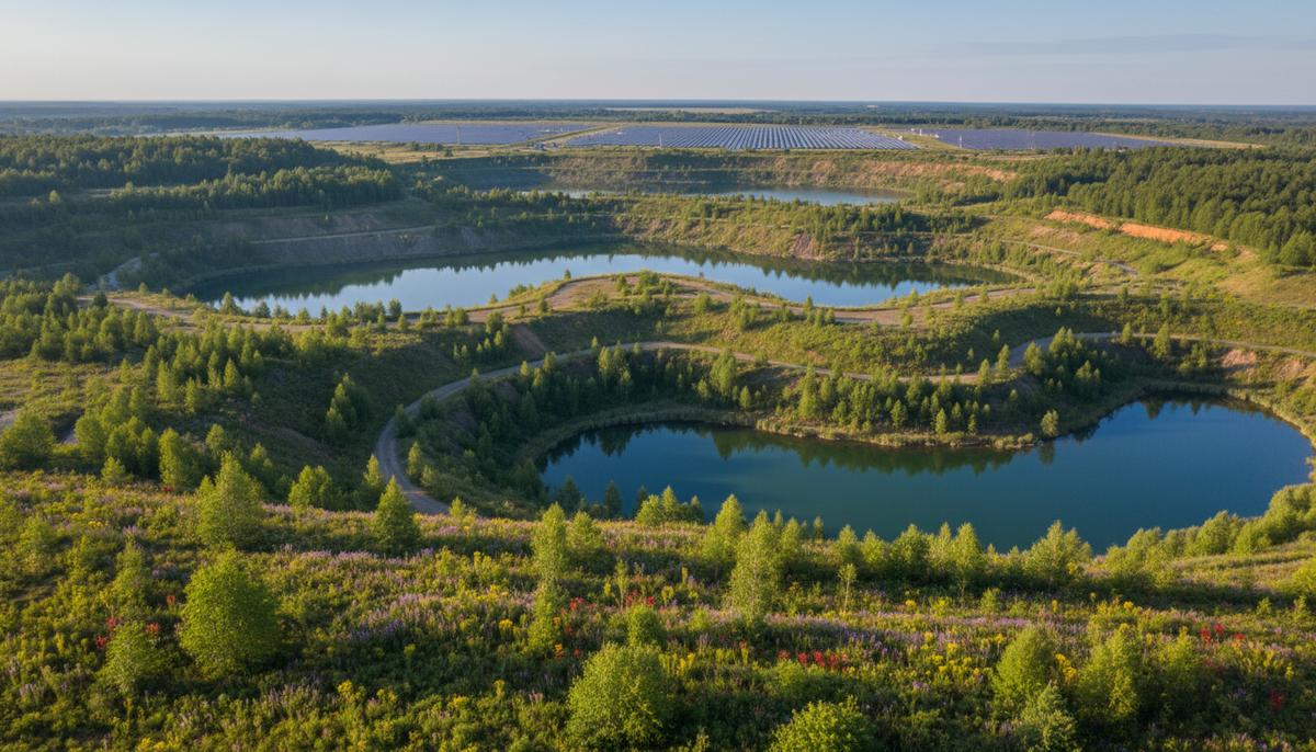 Бывший карьер, преобразованный в парк с террасными озерами и зелеными насаждениями. На заднем плане видна солнечная электростанция.