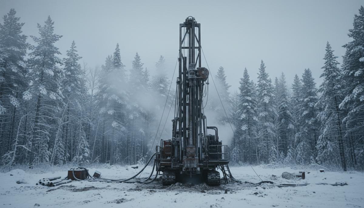 Opus One Gold начала бурение на золотом проекте Noyell в Квебеке Промышленная буровая установка для геологоразведки на месторождении золота в заснеженном зимнем лесу в Квебеке, Канада.