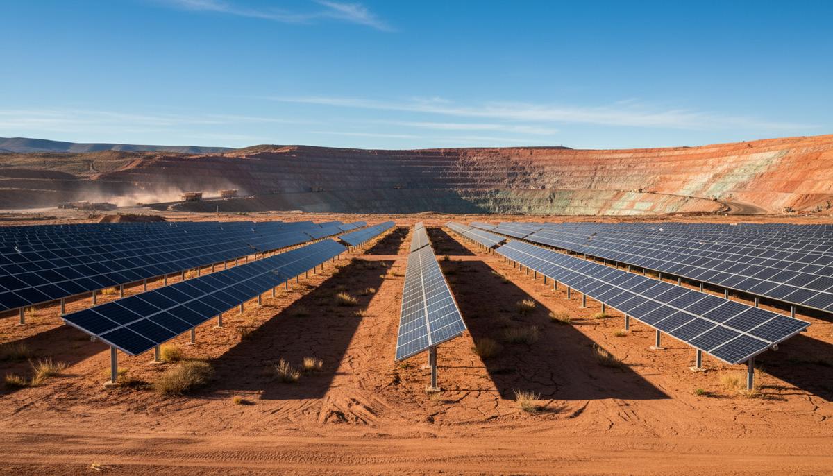 Солнечная электростанция с рядами фотоэлектрических панелей на фоне большого карьера по добыче меди.