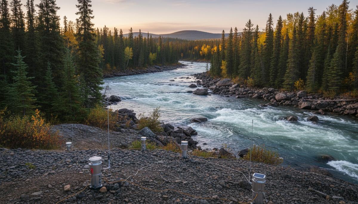 Разведка урана в Канаде: технология ExoSphere выявила новую рудную зону Современные сейсмические датчики на скалистом берегу широкой реки в таежном лесу бассейна Атабаска во время геологоразведки.