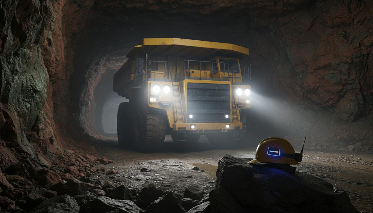 Большой карьерный самосвал с включенными фарами в темном туннеле подземного рудника. На переднем плане шахтерская каска.