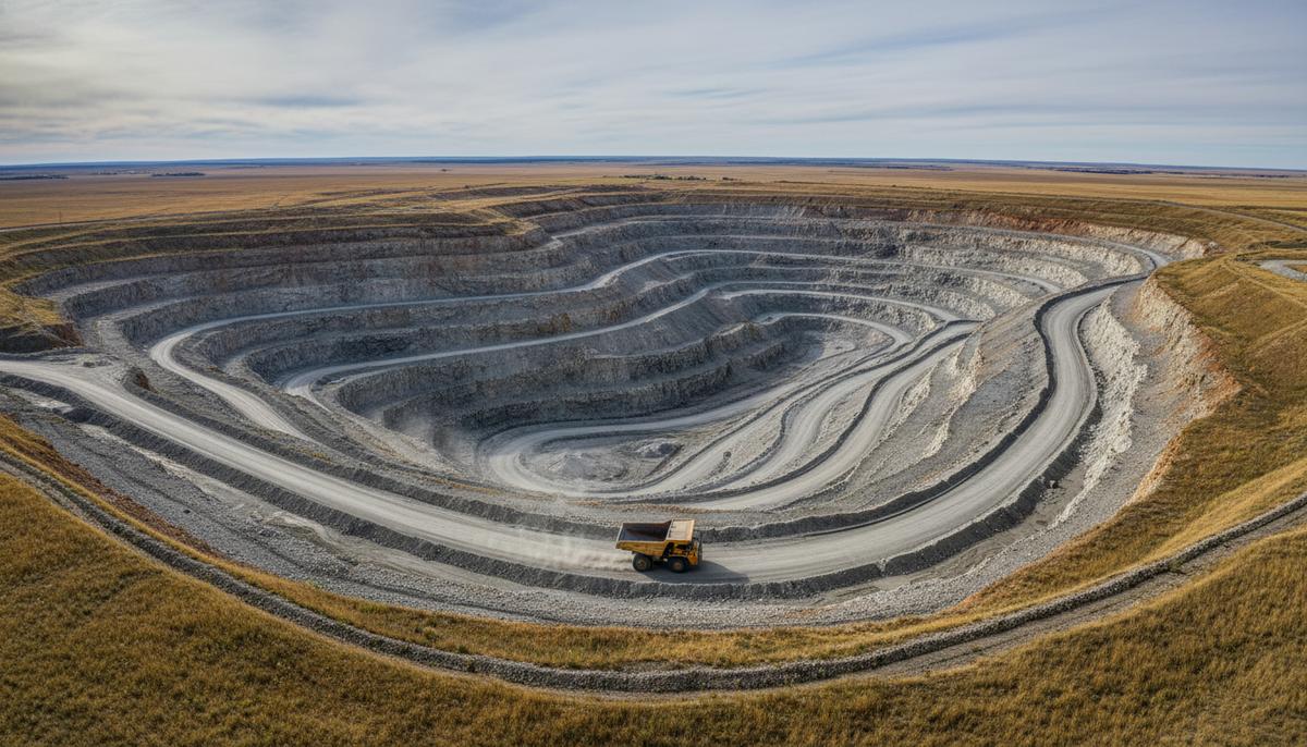 Огромный открытый карьер по добыче глинозема в Саскачеване, Канада. Вид на многоуровневые террасы промышленного разреза.