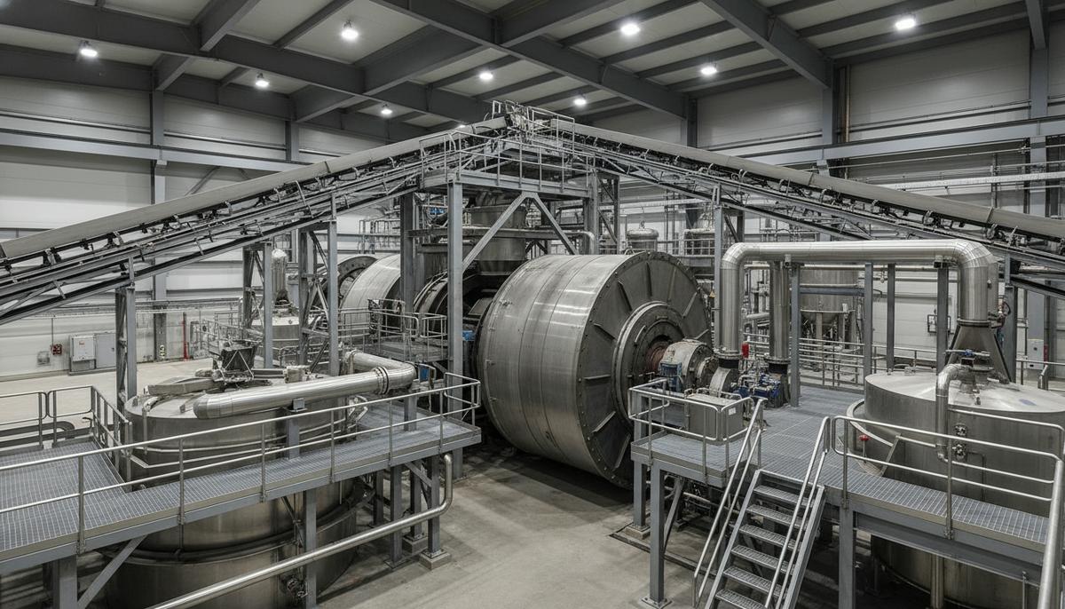 Новая промышленная мельница для переработки золотой руды внутри цеха гидрометаллургического завода. Масштабное горное оборудование.