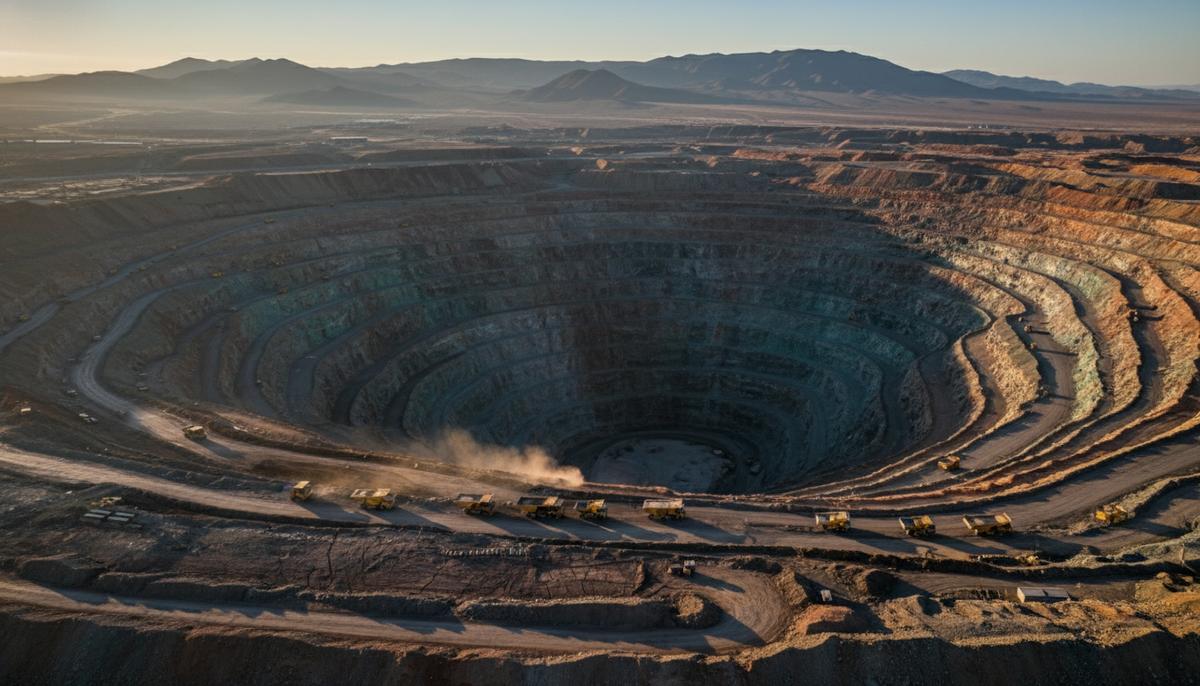 Огромный медный карьер с высоты птичьего полета, террасы рудника и спецтехника для добычи полезных ископаемых.