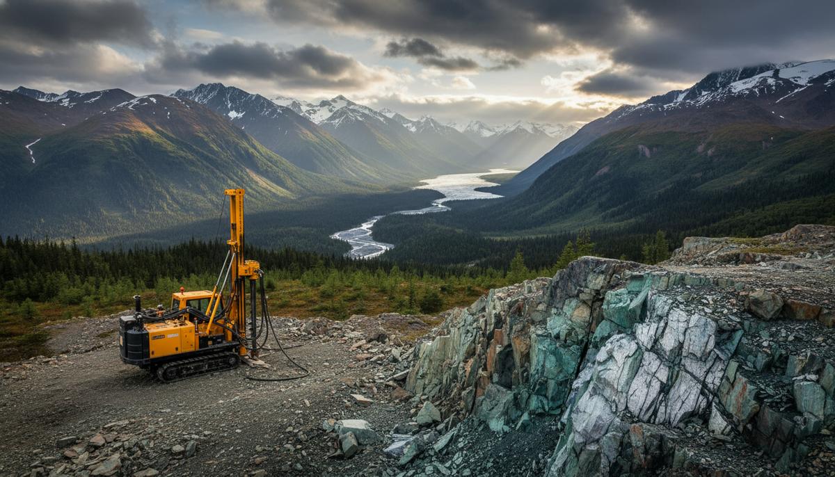 Буровая установка для геологоразведки в горной долине Аляски. На скальном срезе видны жилы медной руды.