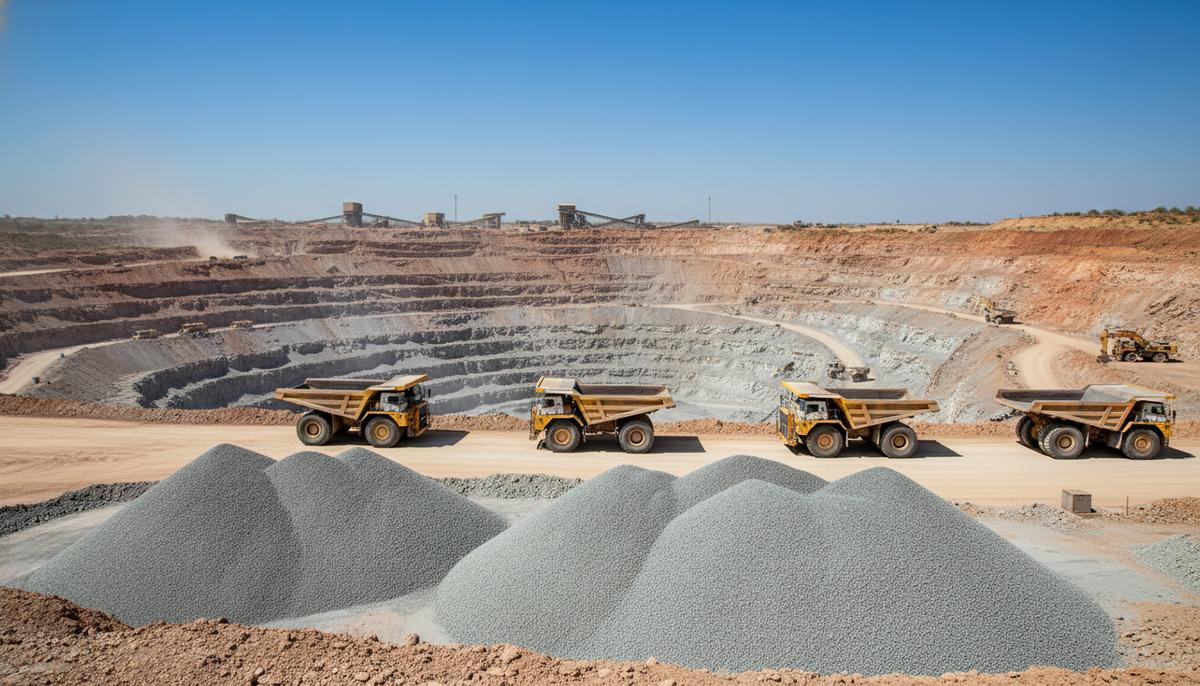 Огромный карьер по добыче цинка в Конго с крупными отвалами рудного концентрата и стоящей бездействующей горной техникой.