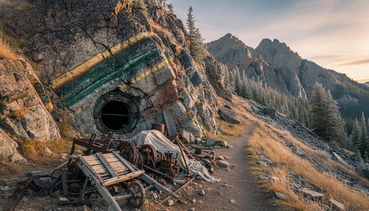 Вход в старую шахту на склоне скалистой горы в Монтане, на породе видны зеленоватые вкрапления меди и золотистые жилы.