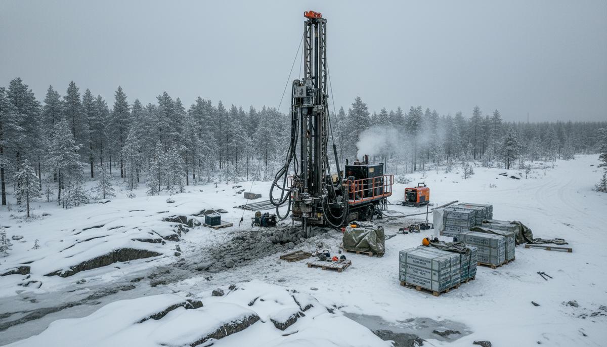 Алмазная буровая установка на заснеженном участке месторождения золота и кобальта Раяпалот в Северной Финляндии.