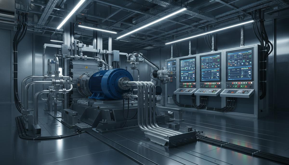 Крупный гидравлический мотор на испытательном стенде в современной промышленной лаборатории с трубопроводами и панелями управления.