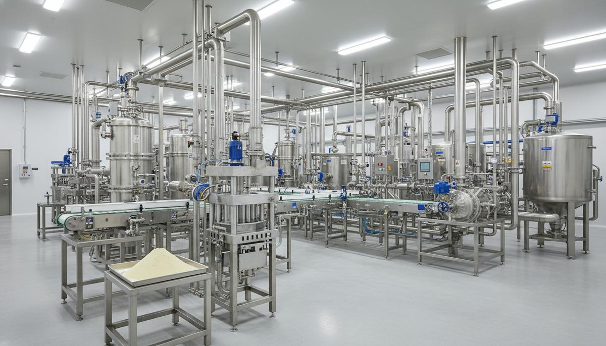 Промышленная установка по переработке редкоземельных металлов, стальные трубы и резервуары на пилотном заводе.