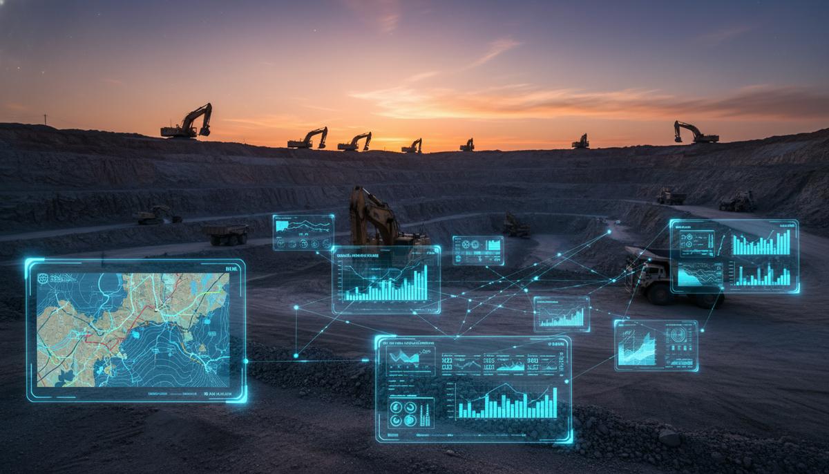 Большой открытый карьер на закате с экскаваторами и самосвалами, над которым в воздухе висят светящиеся голограммы с графиками и картами.