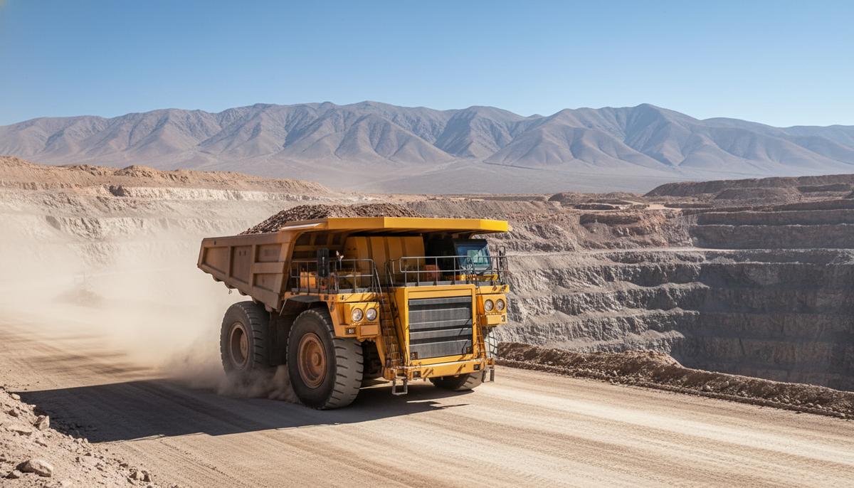 Огромный карьерный самосвал на дороге в открытом медном руднике на фоне скалистых гор Анд.