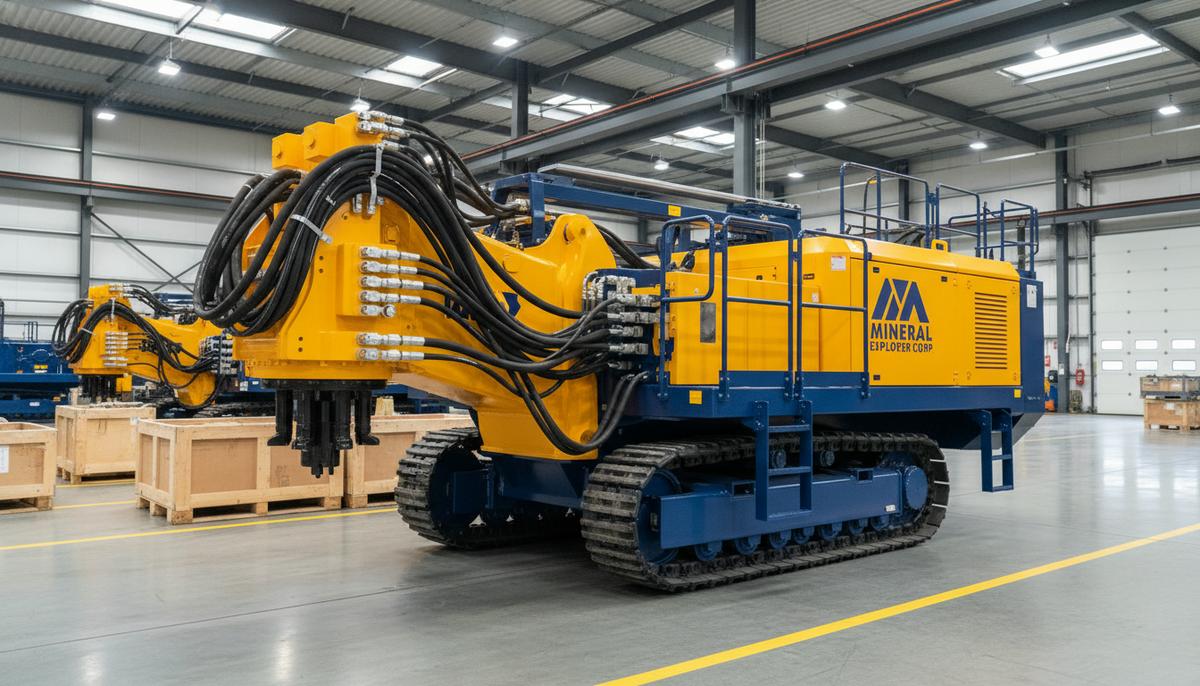 Новая буроустановочная машина для подземных горных работ в сборочном цехе завода. Промышленное оборудование для добычи полезных ископаемых.