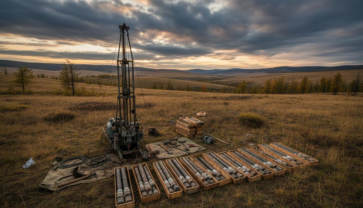 Открытие месторождения Гозогор увеличило запасы флюорита в России на 17,5% Степной пейзаж Забайкалья с холмами. На переднем плане буровая установка и ящики с образцами геологических пород.