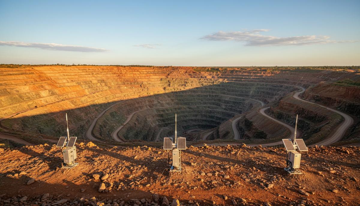 Новые технологии ускорят разведку меди на рудниках в Замбии Общий план медного карьера в Замбии с террасами и геологическими слоями. На переднем плане — геофизические датчики для разведки.