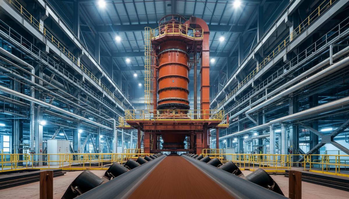 Вертикальная мельница Vertimill на обогатительной фабрике. Рядом конвейер с измельченной железной рудой.