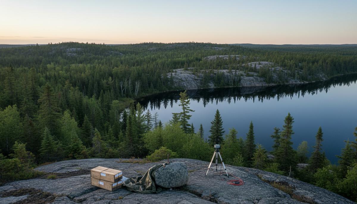 Critical One Energy получила госфинансирование для разведки сурьмы в Онтарио Скалистый ландшафт северного Онтарио с озером и хвойным лесом. На переднем плане ящики с образцами керна у скалы.