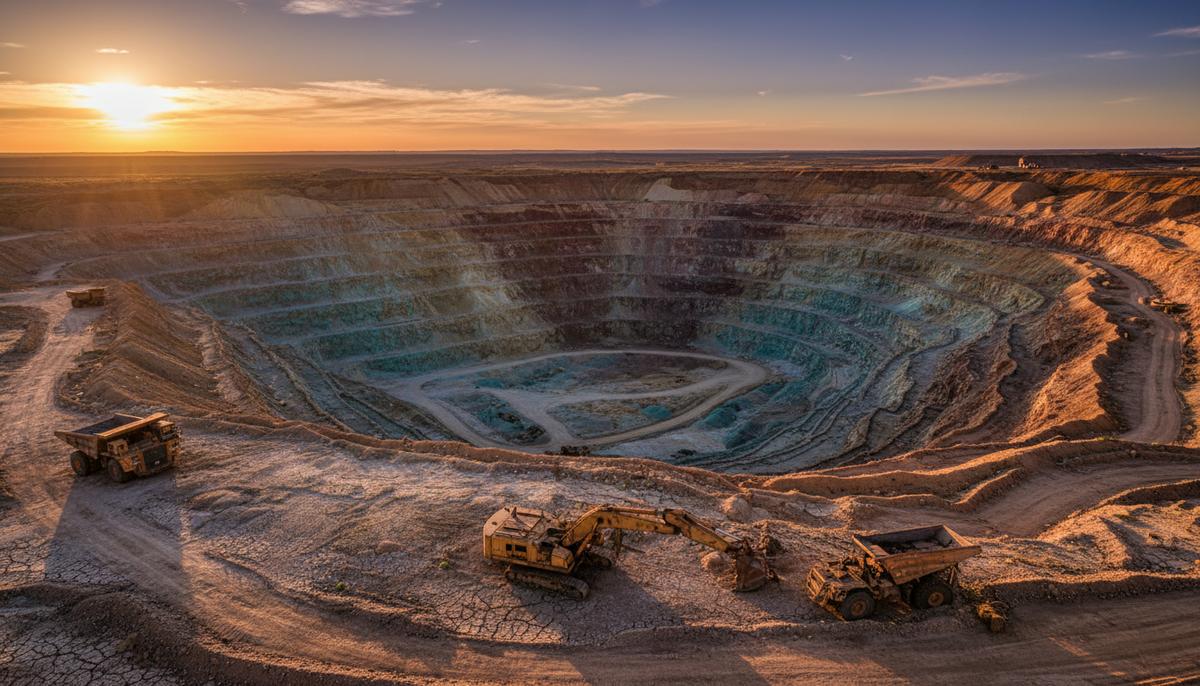 Огромный карьер по добыче полезных ископаемых в засушливой местности. В разрезе видны разноцветные слои породы. На краю карьера стоит заброшенная карьерная техника.