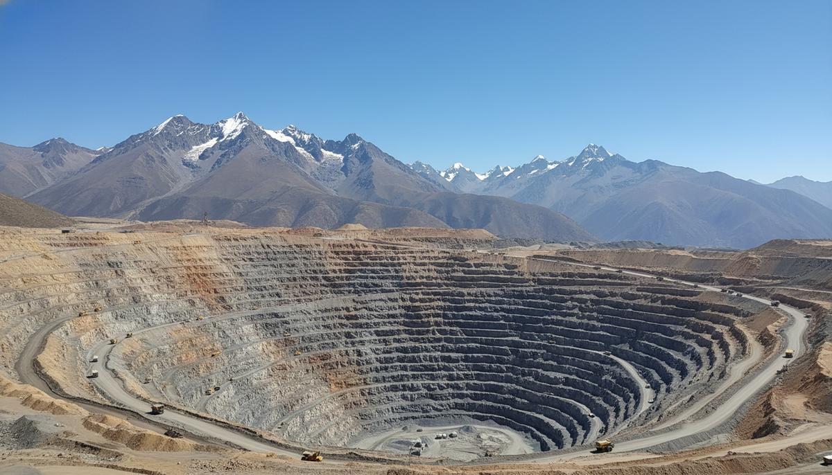Масштабный карьер рудника Antamina в горах Перу с горнодобывающей техникой на террасах карьера и горными вершинами на фоне.