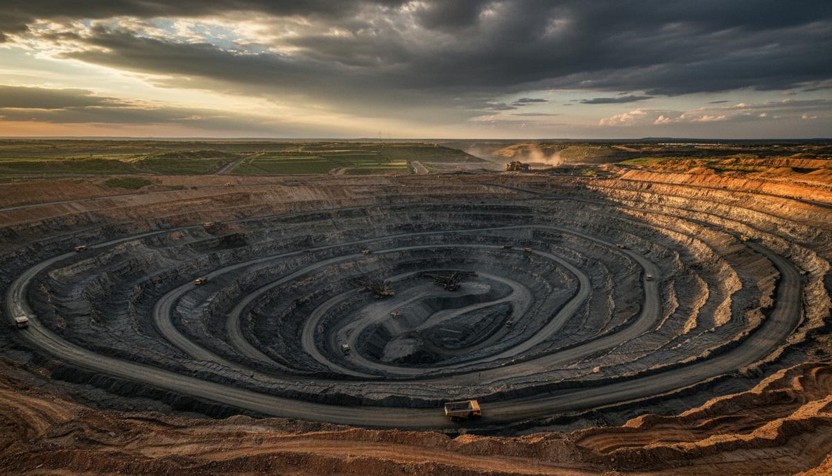 США ослабляют федеральный контроль над горнодобывающей отраслью Огромный угольный карьер с высоты птичьего полета, видны слои породы и следы техники на частично рекультивированной земле.