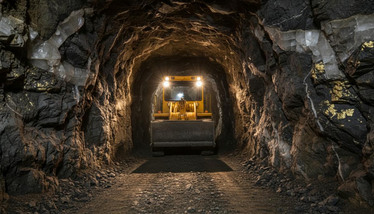 Компактный желтый погрузчик в узком темном тоннеле золотодобывающей шахты освещает фарами скальную породу с жилами золота.