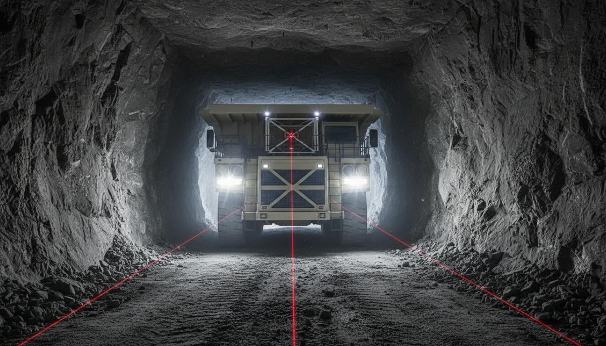 Автономный карьерный самосвал в темном подземном туннеле шахты, лазерные датчики сканируют каменистую поверхность.