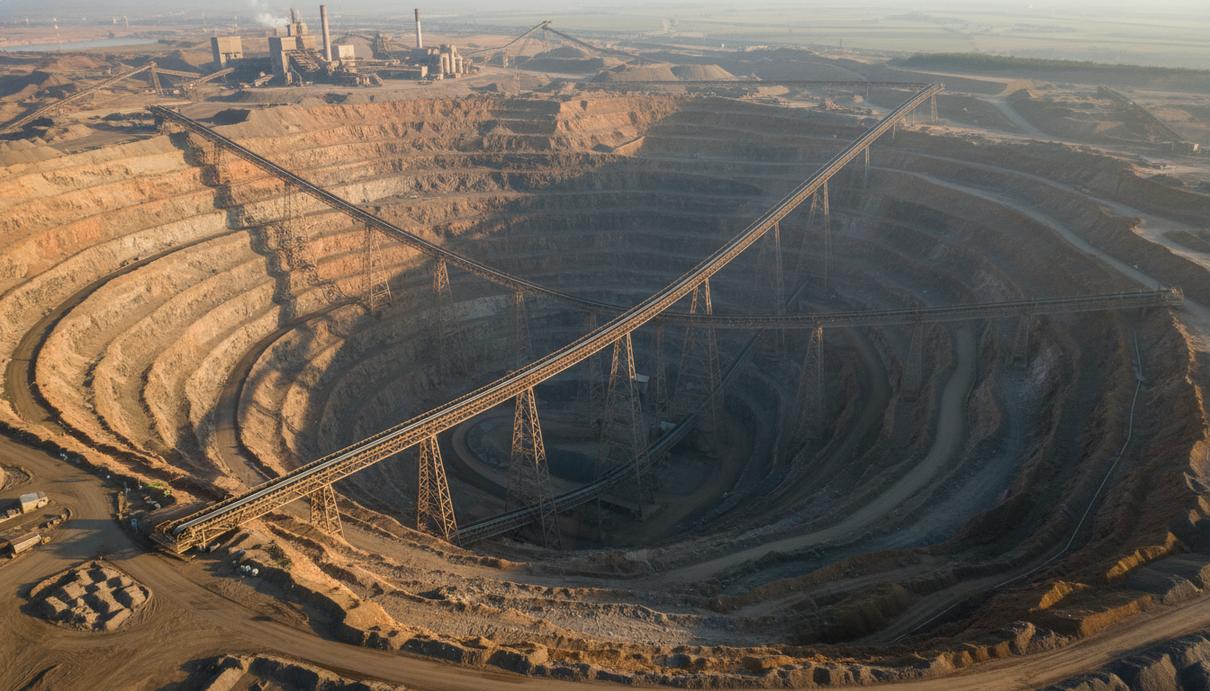 Огромный карьер с террасными уступами и разветвленной системой конвейерных лент для транспортировки горной породы.