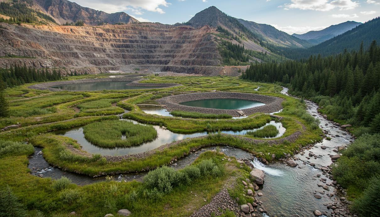 Пассивная система очистки воды с биореактором и искусственными болотами на территории заброшенного карьера в горах.