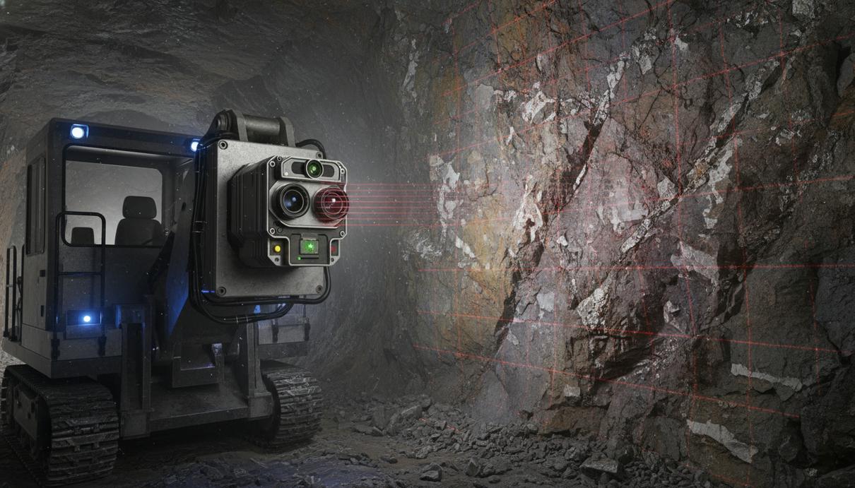 Высокотехнологичный сканер на роботизированной платформе анализирует лазером поверхность горной породы в темной шахте.