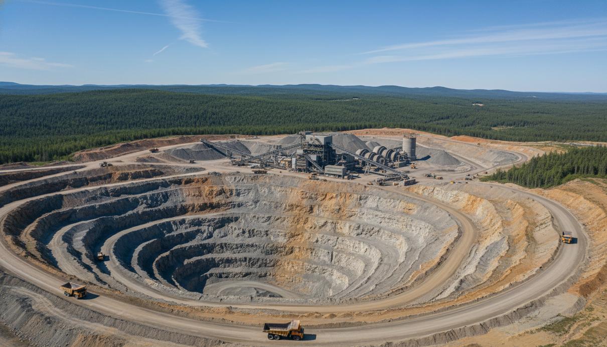 Панорамный вид на золотодобывающий карьер Blackwater в Канаде с крупной горной техникой и промышленными постройками.