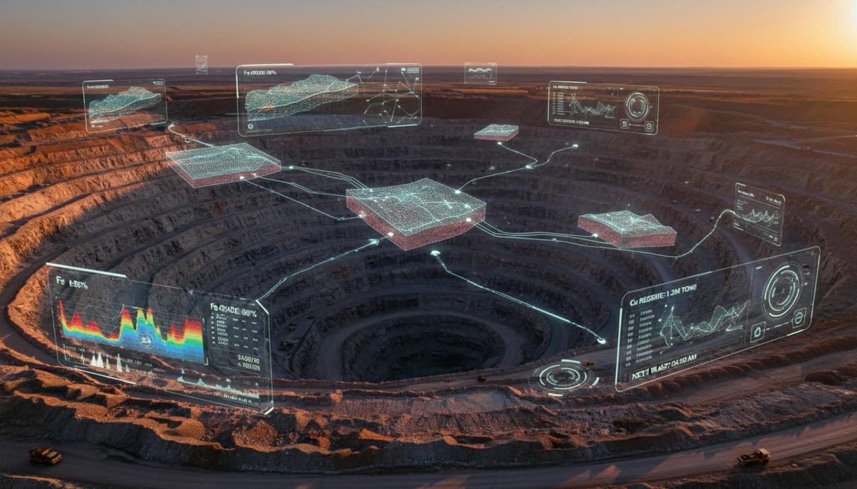 Панорамный вид современного карьера с цифровыми голограммами геологических данных, наложенными на ландшафт на закате.
