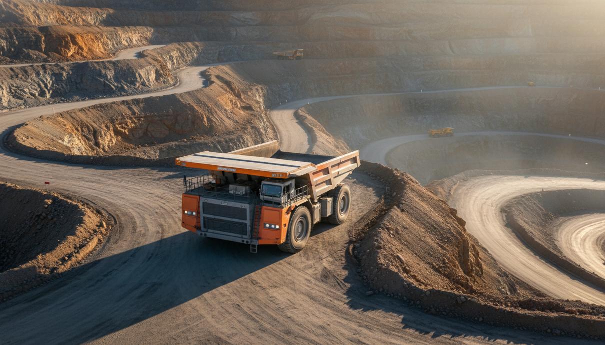 Огромный беспилотный карьерный самосвал движется по дороге в большом открытом карьере на рассвете.