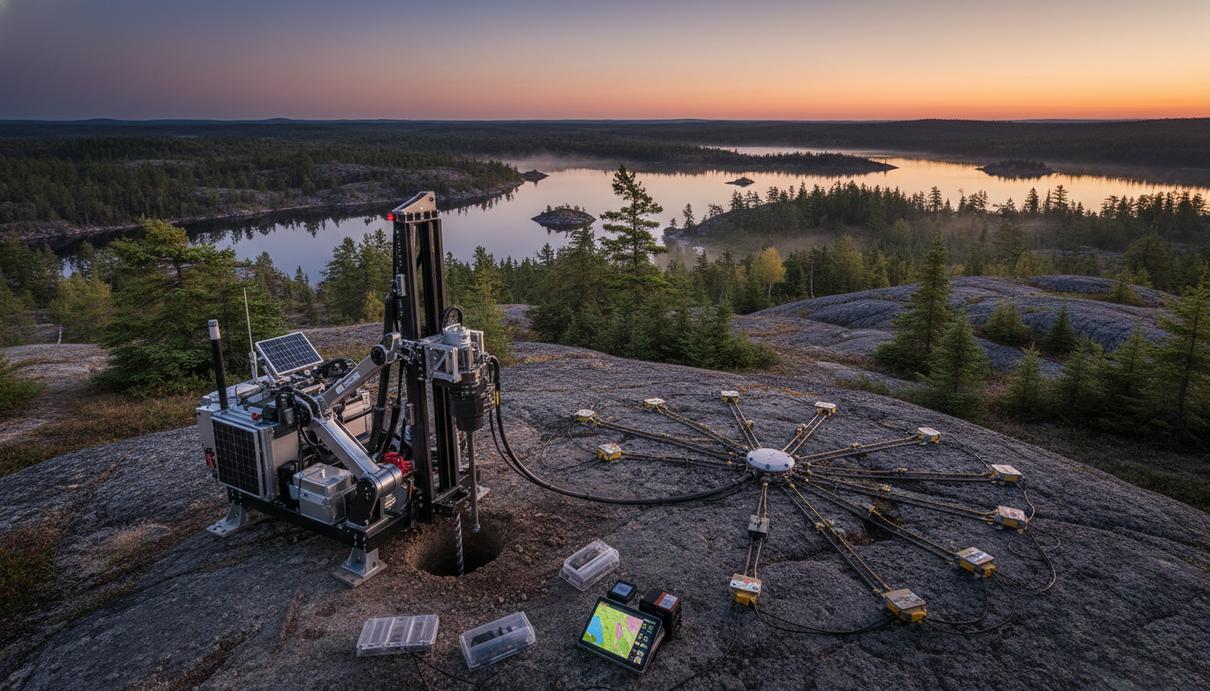 Современное геологоразведочное оборудование на фоне скалистого канадского ландшафта на рассвете.
