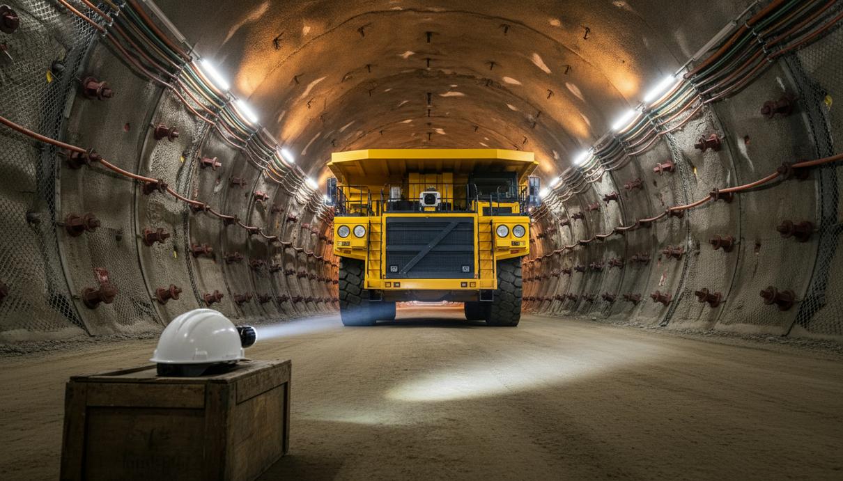 Современный подземный рудник с большим желтым самосвалом. На переднем плане каска с включенным шахтерским фонарем.