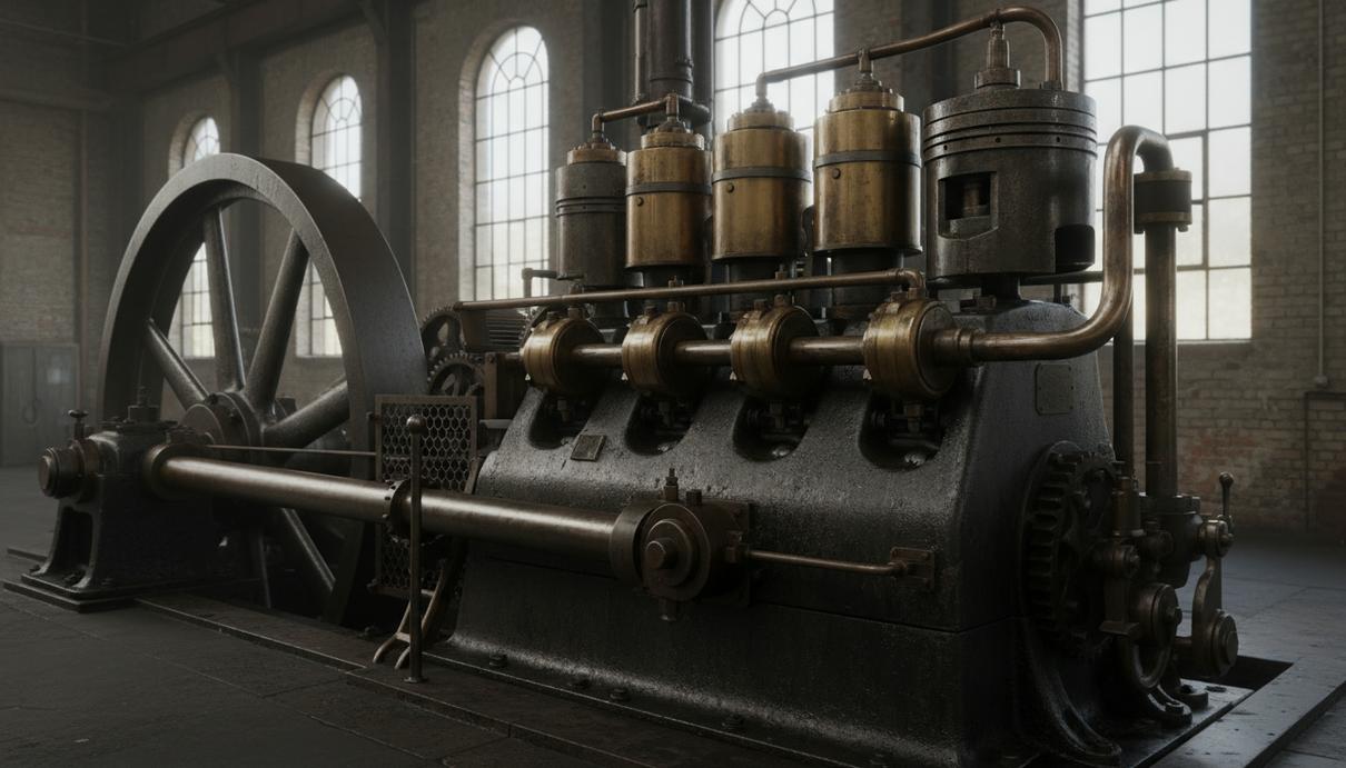 Массивный дизельный двигатель первой половины двадцатого века в заводском цехе
