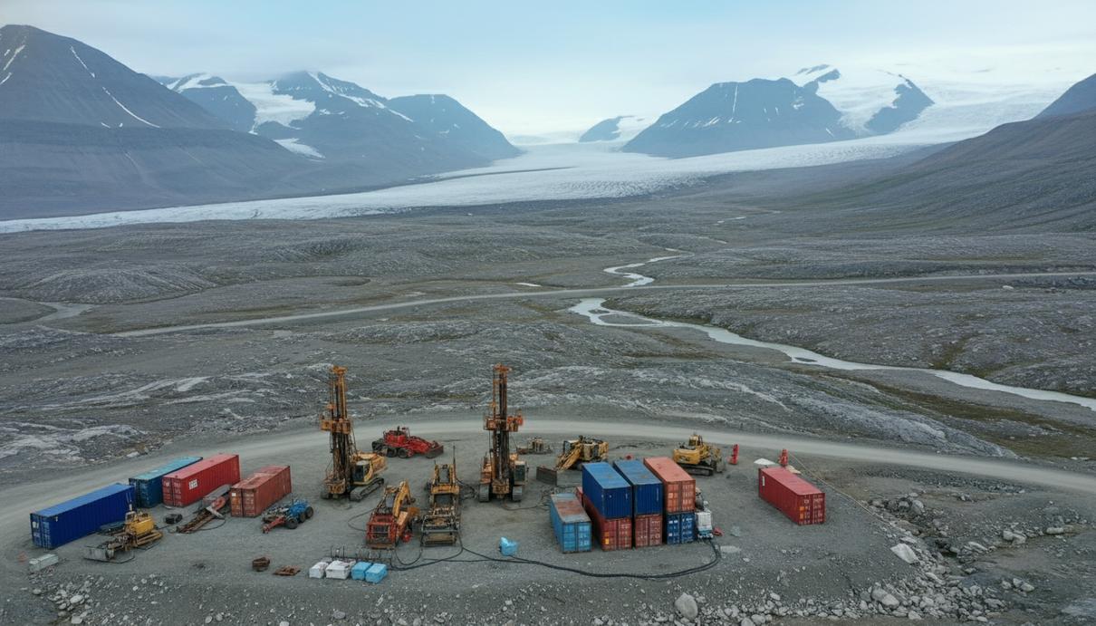 Промышленная площадка геологической экспедиции в арктической тундре Гренландии на фоне гор и льдов.