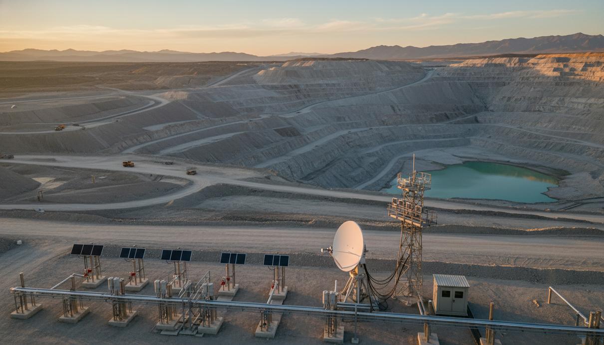 Станция мониторинга с антеннами и датчиками на фоне промышленного водоема и горного пейзажа.