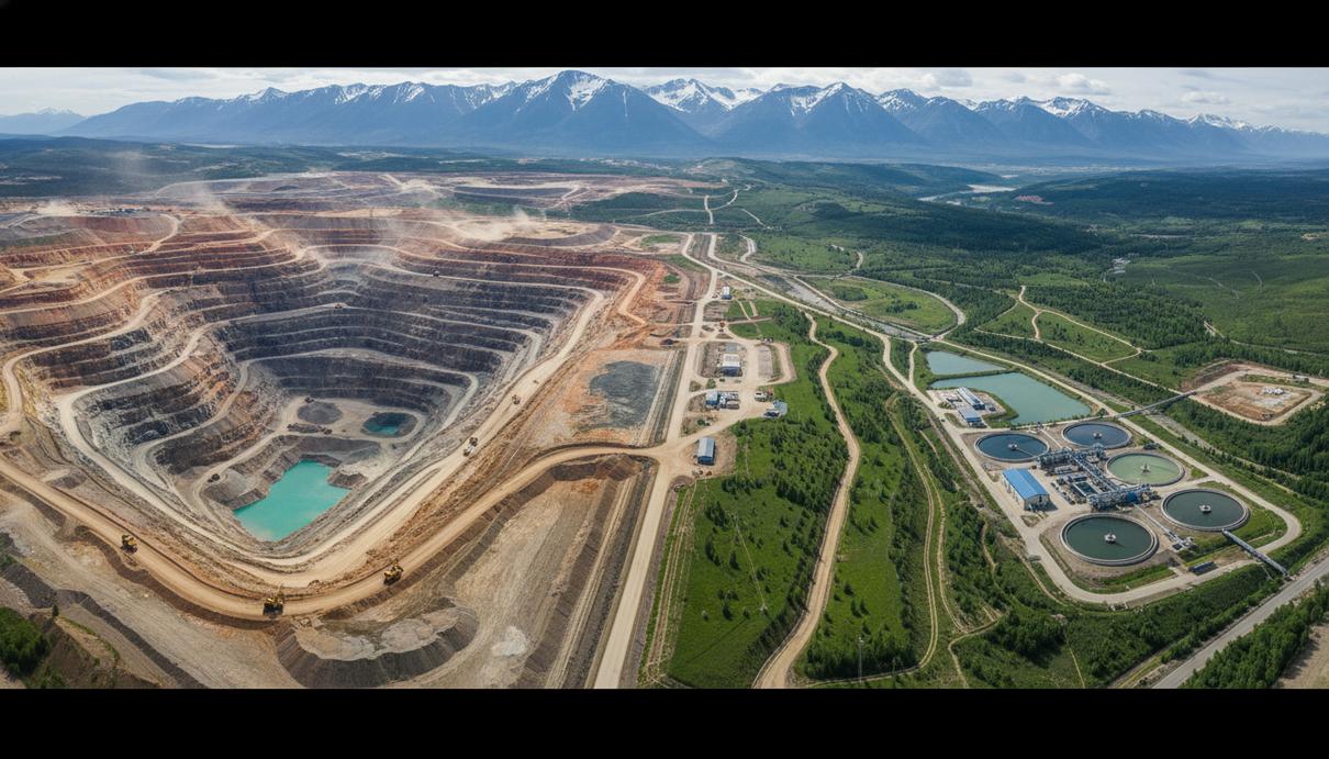 Вид сверху на территорию промышленного карьера с участками восстановленной зелени и очистными сооружениями