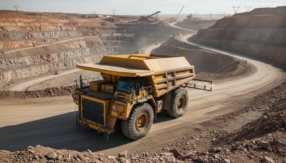 Карьерный самосвал с установленным на шасси прямоугольным резервуаром для воды в открытой горной выработке